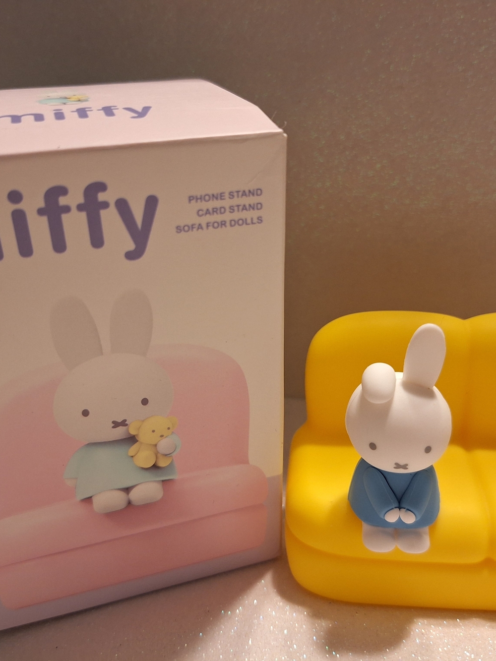 miffy Yellow Sofa Phone Stand with Blue-Clothed Miffy Figure New